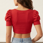 Cropped Canelado com Mangas Bufantes Vermelho - Bazar Desapego 🌸