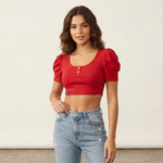 Cropped Canelado com Mangas Bufantes Vermelho - Bazar Desapego 🌸
